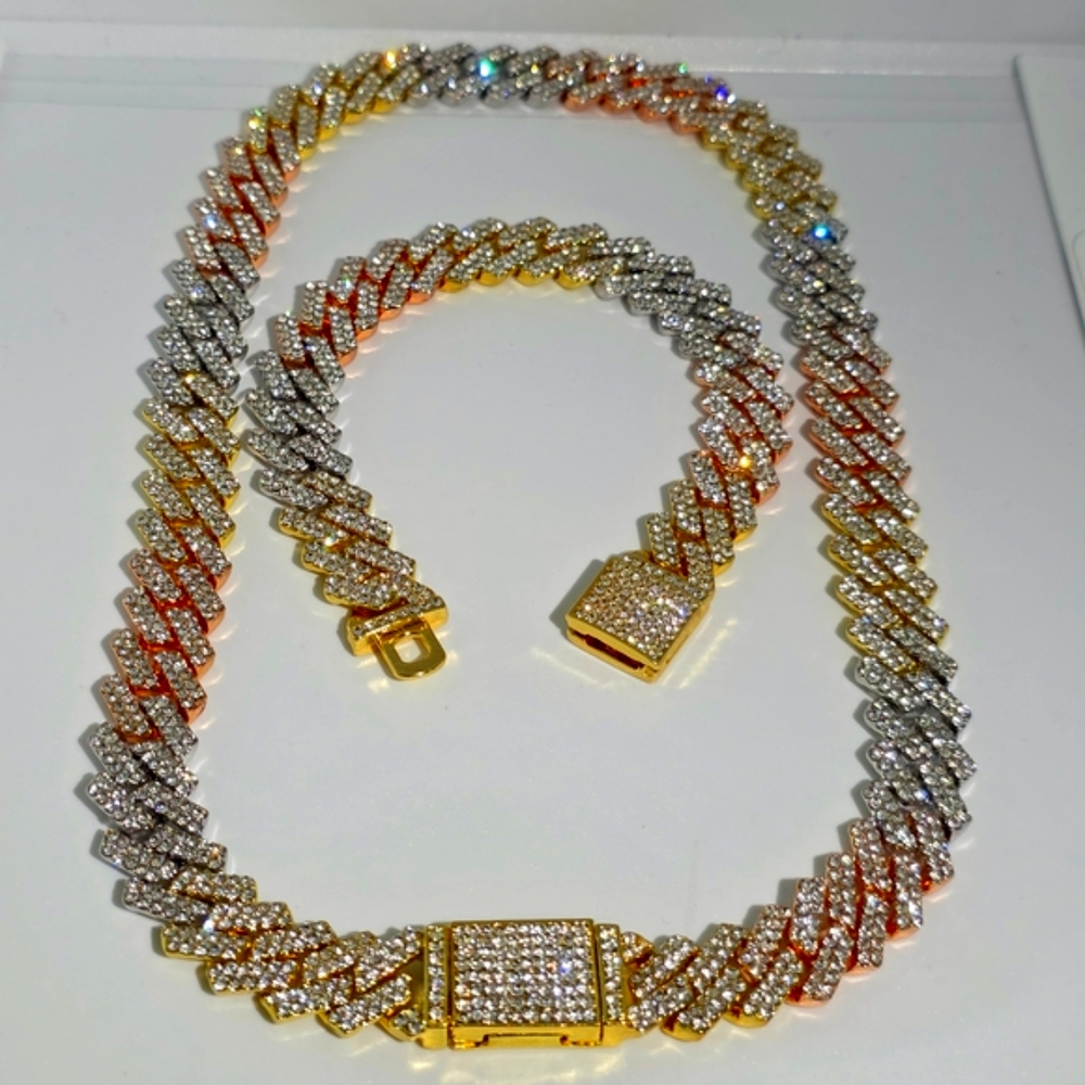 Premium Iced Out 20" 15mm Tri Color Cuban Chain With 9" Matching Bracelet Set